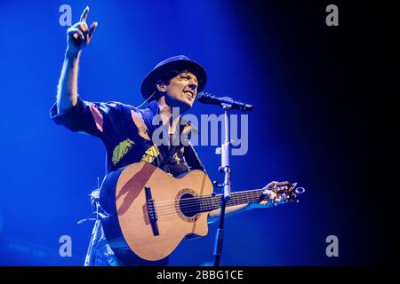 Frederiksberg, Dänemark. Februar 2019. Der amerikanische Sänger, Songwriter und Musiker Jason Mraz führt ein Live-Konzert im KB Hallen in Frederiksberg, Kopenhagen, durch. (Foto: Gonzales Foto - lasse Lagoni). Stockfoto