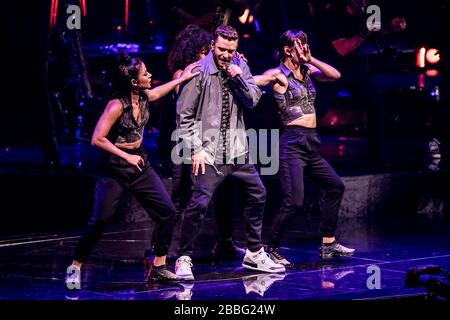 Kopenhagen, Dänemark. August 2018. Der amerikanische Sänger und Songwriter Justin Timberlake führt ein Live-Konzert in der Royal Arena in Kopenhagen durch. (Foto: Gonzales Foto - lasse Lagoni). Stockfoto