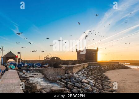 Essaouira, Marokko - 17. November 2019: Sonnenuntergang in Essaouira und Blick auf das Fort Stockfoto