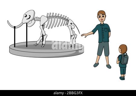 Der Fremdenführer zeigt bei einer Museumsführung das Skelett eines Mammuts, menschliche Besucher-Charaktere, Vektorgrafiken Stock Vektor