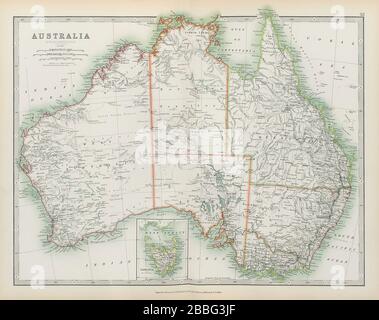 AUSTRALIEN zeigt die Routen der Entdecker mit Dates Railways JOHNSTON 1901 alte Karte Stockfoto