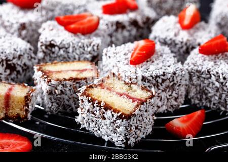 Traditionelle Vanilleschwamm Minikuchen mit Erdbeermarmeladenschicht im Inneren, mit Schokolade überzogen und bestrichene, zerkleinerte Kokosnuss auf der Oberseite serviert auf einer Runde Stockfoto