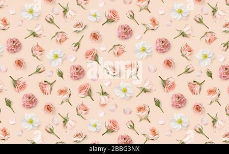 Vintage-Blumenmuster aus beigen Blumen und Rosenknospen. Hintergrund des Valentinsbanners. Blumenhintergrund. Warmes Blumenmuster. Blumenmuster Stockfoto