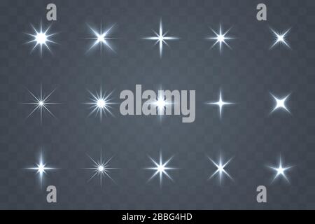 Leuchtendes Set Design, das leuchtet. Funkelnde Sterne mit besonderen Lichteffekten. Vektor funkelnd auf transparentem Hintergrund. Stock Vektor
