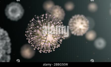 Coronavirus Cells Covid-19 Nahaufnahme. 3D-Darstellung eine große Gruppe von Viruszellen Stockfoto