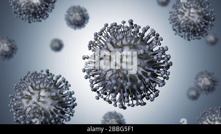 Gruppe von Viruszellen. 3D-Darstellung von Coronavirus Zellen Stockfoto