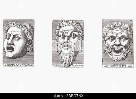 Drei groteske Masken des italienischen Künstlers Adamo Scultori, 1530 - 1585, nach dem italienischen Mitreisenden Giulio Romano, 1499 - 1546. Stockfoto