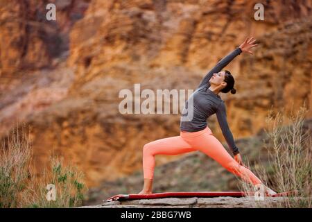 Junge Frau, die sich auf einem Felsen. Stockfoto