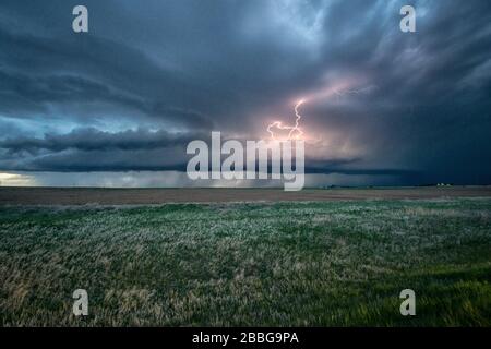 Sturm mit Blitzschlag über ein ländliches Feld in Nebraska, Vereinigte Staaten Stockfoto