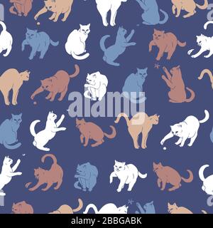 Nahtloses Muster mit handgezeichneten, verspielten Katzen auf Blau. Stock Vektor