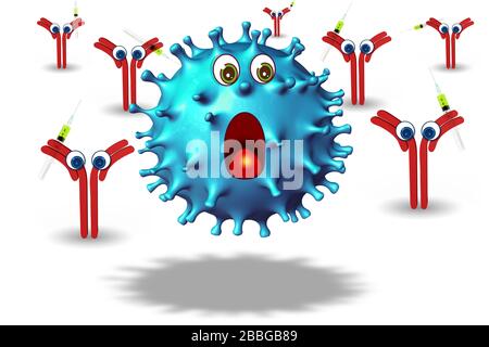 Comics von Covid 19 Coronavirus, die von Antikörpern auf weißem Hintergrund angegriffen werden. Konzept der antiviralen Heilung oder des Impfstoffs gegen Infektionen durch SARS-COV Stockfoto