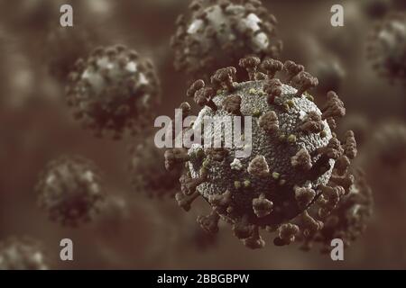 Coronavirus, COVID-19, Corona-Viruspartikel, Virionen im Blutstrom. SARS-COV-2 künstlerische 3D-Illustration in Farbe. Corona-Virus-Pandemie-Co Stockfoto