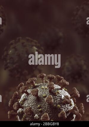 Coronavirus, COVID-19, Corona verbreitet Virus-Partikel, Virionen. SARS-COV-2 Artistic Medical 3D-Illustration in Farbe auf dunklem Hintergrund mit Kopie sp Stockfoto