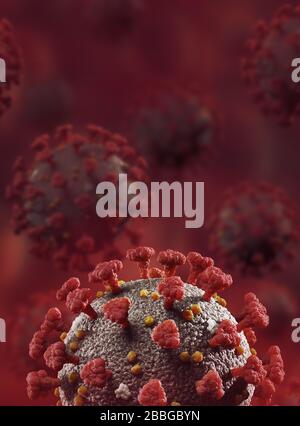 Coronavirus, COVID-19, Corona verbreitet Virus-Partikel, Virionen. SARS-COV-2 künstlerische medizinische 3D-Darstellung in Farbe auf dunkelrotem Bluthintergrund Stockfoto