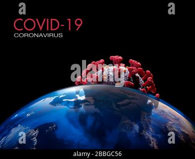 Coronavirus wirft Schatten über die Welt. Konzeptionelle 3D-Darstellung des Viruspartikels hinter dem Planeten Erde mit COVID-19-Titel. Weltweit viral Stockfoto