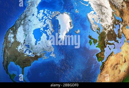 Arktis und Grönland von einem Satelliten aus gesehen. Physische Karte des Nordpols. 3D-Illustration - Elemente dieses Bildes, das von der NASA erstellt wurde. Stockfoto