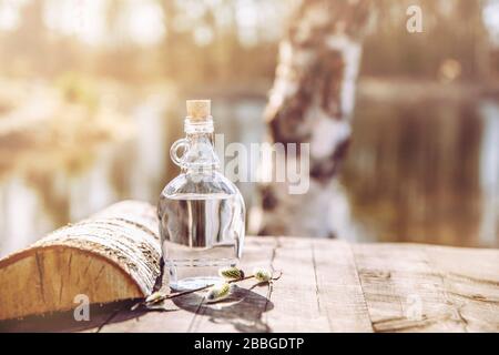 Frischer gefilterter Birkensaft sap in Klarglasflasche auf rustikalem gelben Tisch, im Frühjahr draußen, Birkenstämme im Hintergrund. Stockfoto