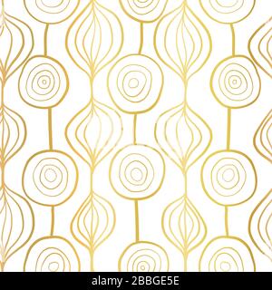 Goldene organische Formen nahtloses Vektormuster. Metallfolie, handgezeichneter abstrakter Hintergrund. Moderne elegante Kulisse glänzende goldene Kreise auf Weiß Stock Vektor