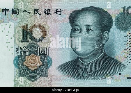 COVID-19 Coronavirus in China. Chinesische Geld-Yuan Stockfoto