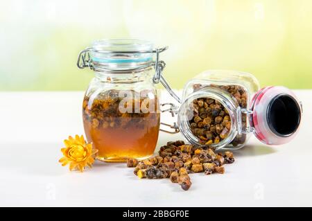 Alternative Arzneimischung aus Honig und Bienenbrot (fermentierte Blume und Pflanzenpollen von Honigbienen) im kleinen Glasbecher. Stockfoto