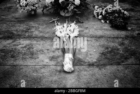 Blumen auf dem Friedhof am Tag der Toten, des Christentums und des Glaubens Stockfoto