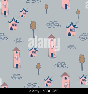 Pink beherbergt Dorf nahtloses Vektormuster Stock Vektor