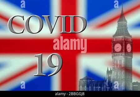 Coronavirus oder Covid 19 Outbreak, England UK, Composite with British Union Jack Flag Stockfoto