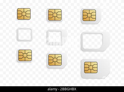 Realistischer Adapter für Telefonkarten. Esim to Nano, Nano to Micro, Micro to Normal - SIM-Kartenadapter. Stock Vektor