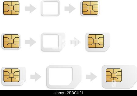 Realistischer SIM-Kartenkonverter für Telefon. Esim to Nano, Nano to Micro, Micro to normal SIM-Kartenadapter. Stock Vektor