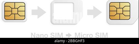 Adapter für Nano-zu-Micro-SIM-Karte. Realistisches Telefon-sim-Karten-Konverterkit. Stock Vektor