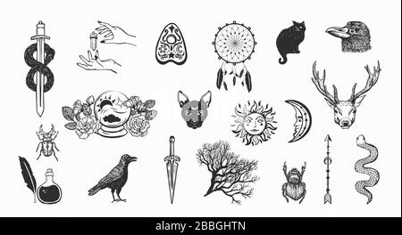 Handgezeichnete okkulte Symbole auf weißem Hintergrund. Stock Vektor