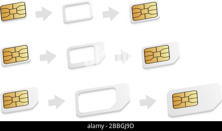 Realistische SIM-Kartenadapter. Esim to Nano, Nano to Micro, Micro to normal sim-Kartenkonverter Set. Stock Vektor