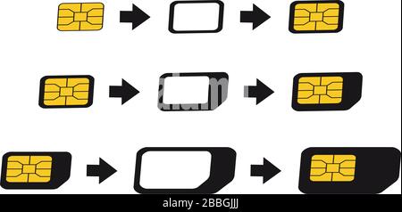 SIM-Kartenadapter, Symbolsatz. Esim auf Nano, Nano auf Micro, Micro auf normale sim-Kartenkonverter. Stock Vektor