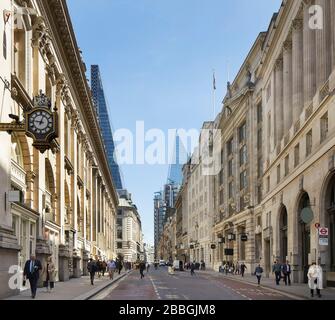 Blick von Cornhill auf den Cheesegrater, den Skalpel und Lloyd's. 52 Lime Street - The Scalpel, London, Großbritannien. Architekt: Kohn Pedersen F. Stockfoto