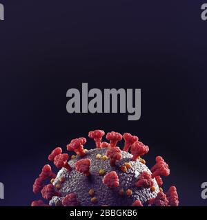 Coronavirus, COVID-19, SARS-COV-2 Corona-Viruspartikel-Nahaufnahme. Wissenschaftliche medizinische 3D-Darstellung in roter Farbe isoliert auf schwarzem Hintergrund mit Cop Stockfoto