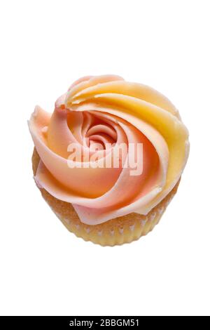 Einzelner M&S-Mini-Rosenkochen isoliert auf weißem Hintergrund - Mini-Biskuit-Kuchen mit pinkfarbener und weißer Vanille-Buttercreme Stockfoto