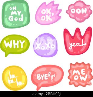 Kollektion von mehrfarbigen, glänzenden Vektor-Aufklebern auf weißem Hintergrund. Teenager millenials Kultur. Aufklebersatz in verschiedenen Formen. Cooler Ausdruck Stock Vektor