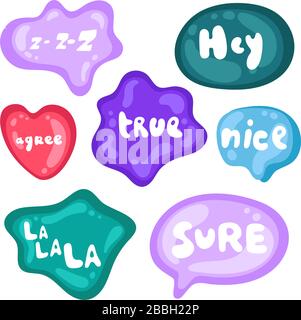 Kollektion von mehrfarbigen, glänzenden Vektor-Aufklebern auf weißem Hintergrund. Teenager millenials Kultur. Aufklebersatz in verschiedenen Formen. Cooler Ausdruck Stock Vektor