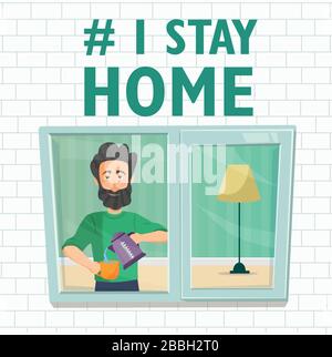 Ich bleibe zu Hause Bewusstsein soziale Medien Kampagne und Coronavirus Prävention. Mann steht in der Nähe des Fensters und trinkt Tee Stock Vektor