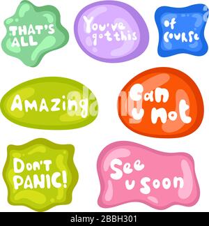 Kollektion von mehrfarbigen, glänzenden Vektor-Aufklebern auf weißem Hintergrund. Teenager millenials Kultur. Aufklebersatz in verschiedenen Formen. Cooler Ausdruck Stock Vektor