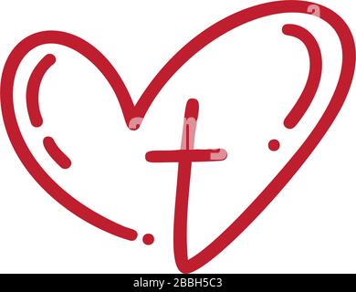 Handgezeichnetes rotes Kalligraphie-Logo von christlicher Kreuz- und Herzliebe, gezeichnet von Monolinbürste. Isoliertes Zeichen oder Symbol auf weißem Hintergrund Stock Vektor