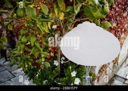 Hochzeitsdekor. Plakette mit der Aufschrift Wedding. Hochzeitsdekorationen Stockfoto