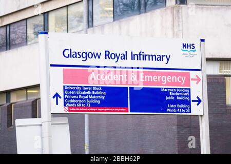 Glasgow, Schottland/Großbritannien - 21. März 2020: Glasgow Royal Infirmary behandelt Patienten mit Coronavirus und Covid-19 Stockfoto