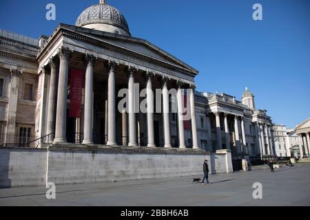 Trafalgar Square und die National Gallery leer und fast verlassen außer einem Hundegänger aufgrund des Covid-19-Ausbruchs soziale Distanzierung auf das, was normalerweise ein geschäftiger, geschäftiger Tag mit Horden von Menschen wäre, die am 22. März 2020 in London, England, Großbritannien einkaufen und sich unterhalten würden. Coronavirus oder Covid-19 ist eine neue Atemwegserkrankung, die beim Menschen bisher nicht beobachtet wurde. Während ein Großteil oder Europa in die Blockierung versetzt wurde, hat die britische Regierung strengere Regeln als Teil ihrer langfristigen Strategie und insbesondere ihrer sozialen Distanzierung angekündigt. Stockfoto