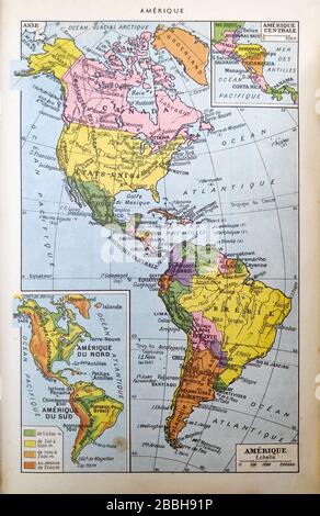 Alte Karte Amerikas, gedruckt im französischen Wörterbuch "Dictionnaire complet illuzé" des Herausgebers Larousse im Jahr 1889. Es zeigt Nord- und Südamerika im Th Stockfoto