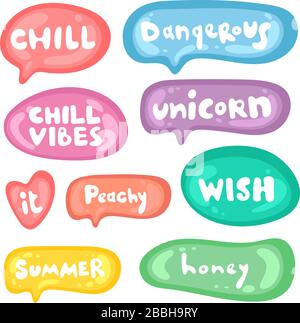 Kollektion von mehrfarbigen, glänzenden Vektor-Aufklebern auf weißem Hintergrund. Teenager millenials Kultur. Aufklebersatz in verschiedenen Formen. Cooler Ausdruck Stock Vektor