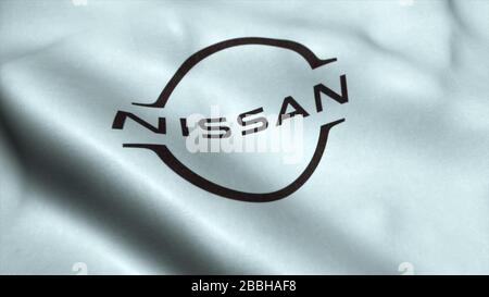 RUSSLAND, MOSKAU, MÄRZ 2020: Flagge mit Nissan Motor Logo, Nahaufnahme. Konzeptionelles 3D-Rendering. Stockfoto
