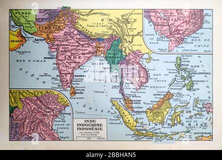 Alte Karte von Indien, Indochina und Indonesien gedruckt im späten 19. Jahrhundert. Stockfoto