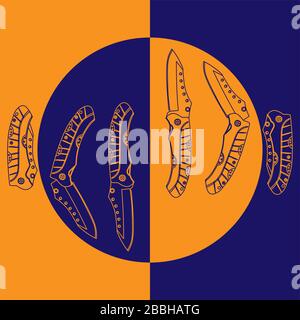 Farbige Konturskizze Darstellung von sechs klappbaren Taschenmessern in verschiedenen Positionen auf blauem und orangefarbenem Hintergrund Stock Vektor