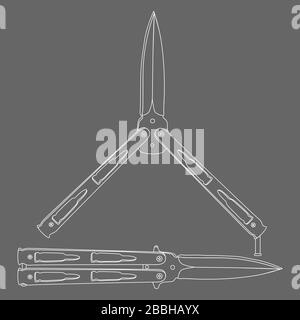 Weiße Kontur Skizze Darstellung von zwei Schmetterlingsmessern oder Balisongs auf grauem Hintergrund Stock Vektor